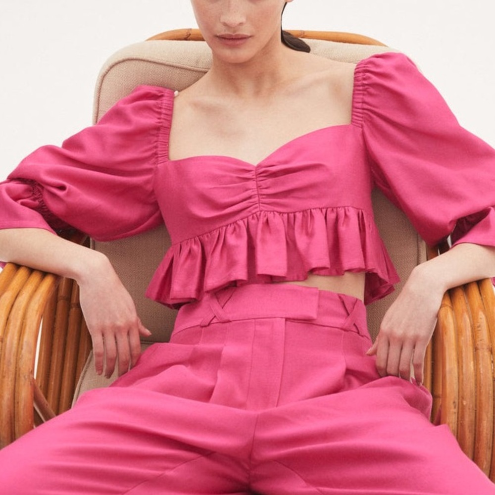 Alemais Fuchsia Hot Pink Long Sleeve Sweetheart Neckline Cropped Blouse Shirt 0